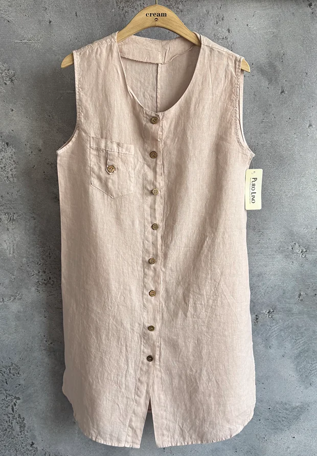 MADE IN ITALY WŁOSKA LNIANA PUDROWO RÓŻOWA ZAPINANA SUKIENKA OVERSIZE / UNI