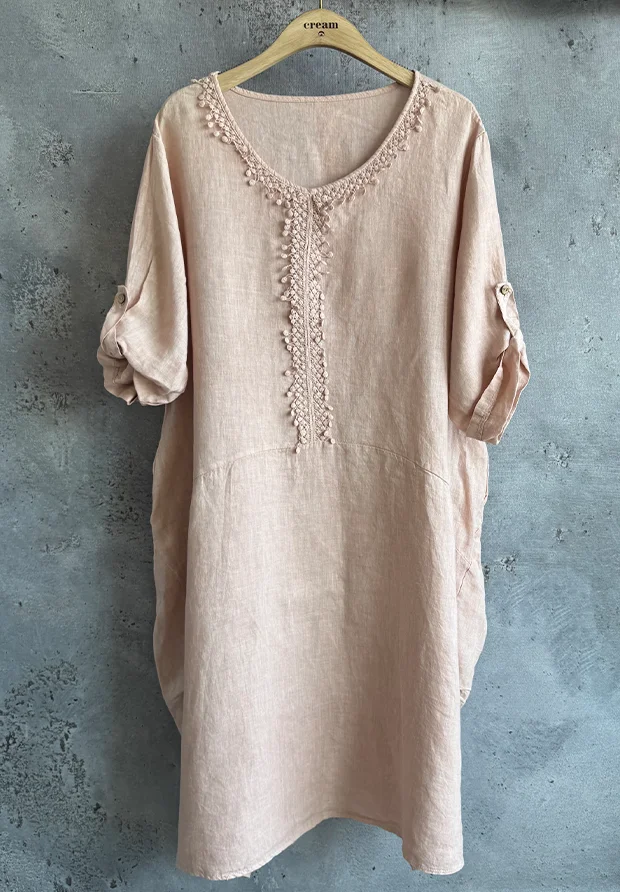 MADE IN ITALY WŁOSKA LNIANA PUDROWO RÓŻOWA SUKIENKA Z KORONKĄ OVERSIZE / UNI 