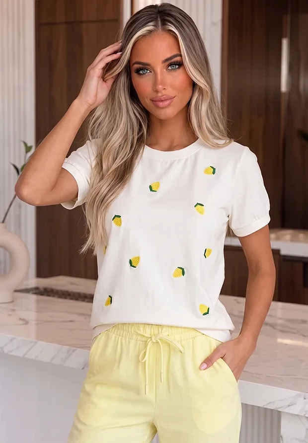MEGI BIAŁA BLUZKA T-SHIRT W HAFTOWANE CYTRYNKI / B2859