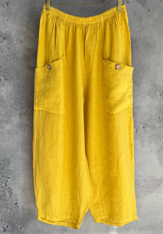 MADE IN ITALY ŻÓŁTE LNIANE WŁOSKIE LUŹNE SPODNIE OVERSIZE / UNI 