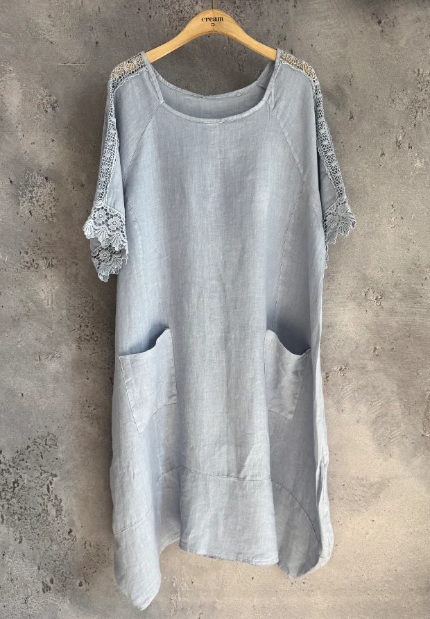 MADE IN ITALY WŁOSKA LNIANA BŁĘKITNA SUKIENKA Z HAFTEM OVERSIZE / UNI
