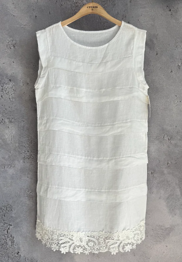 MADE IN ITALY WŁOSKA LNIANA BIAŁA SUKIENKA Z KORONKĄ OVERSIZE / UNI