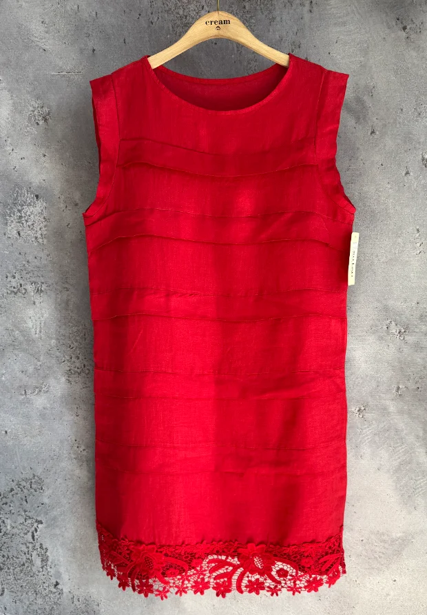 MADE IN ITALY WŁOSKA LNIANA CZERWONA SUKIENKA Z KORONKĄ OVERSIZE / UNI