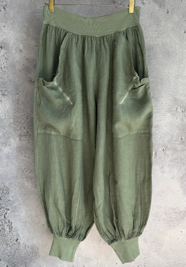 MADE IN ITALY OLIWKOWE LNIANE WŁOSKIE SPODNIE ALLADYNKI OVERSIZE / UNI