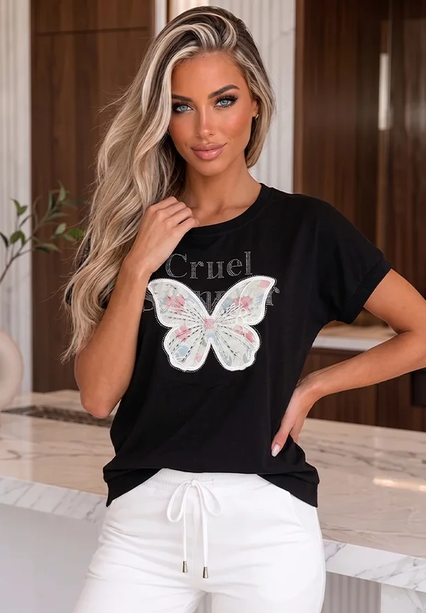 MEGI CZARNA BLUZKA T-SHIRT Z HAFTOWANYM MOTYLEM I CEKINOWĄ APLIKACJĄ / B3224