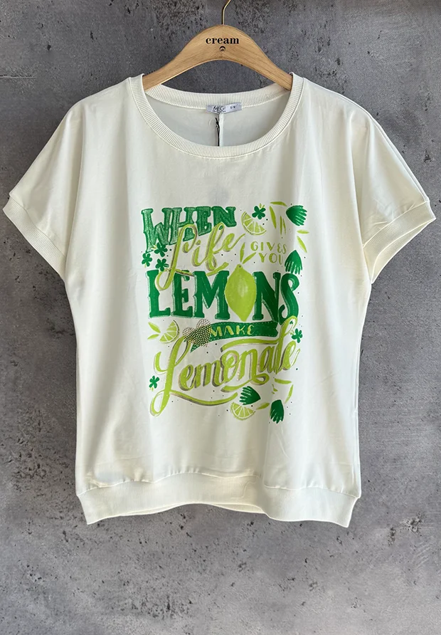 MEGI BIAŁA BLUZKA Z NADRUKIEM / ZIELONY & LIMONKA / B1454 