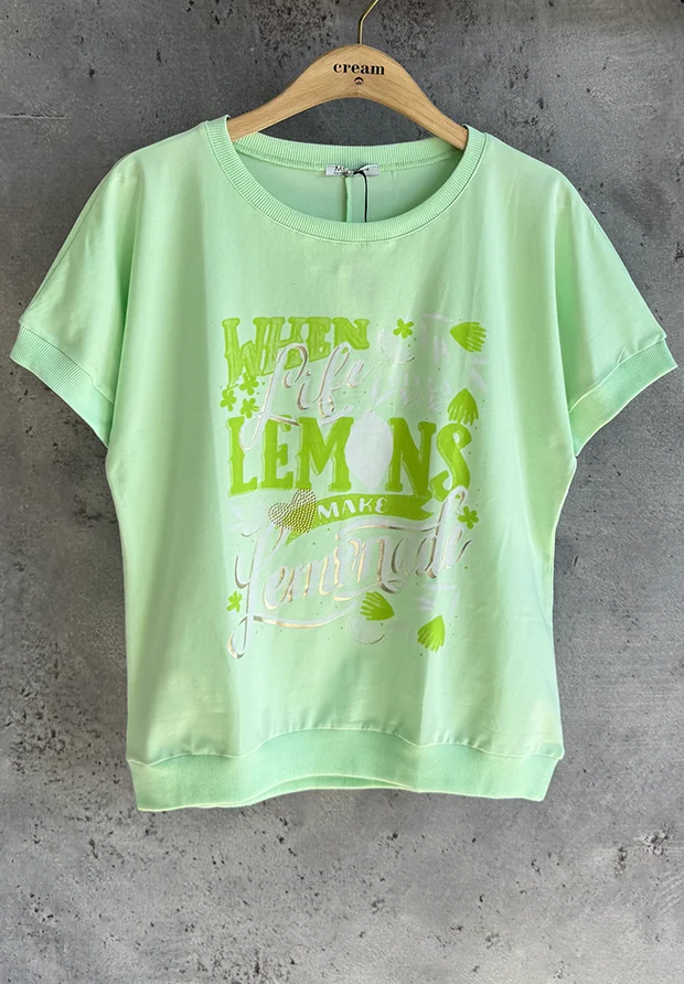 MEGI PISTACJOWA BLUZKA Z NADRUKIEM / LIMONKA & BIAŁY / B1454