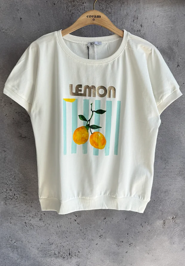 MEGI BIAŁA BLUZKA Z NADRUKIEM W LIMONKI I JASNO NIEBIESKIE PASECZKI / B1757