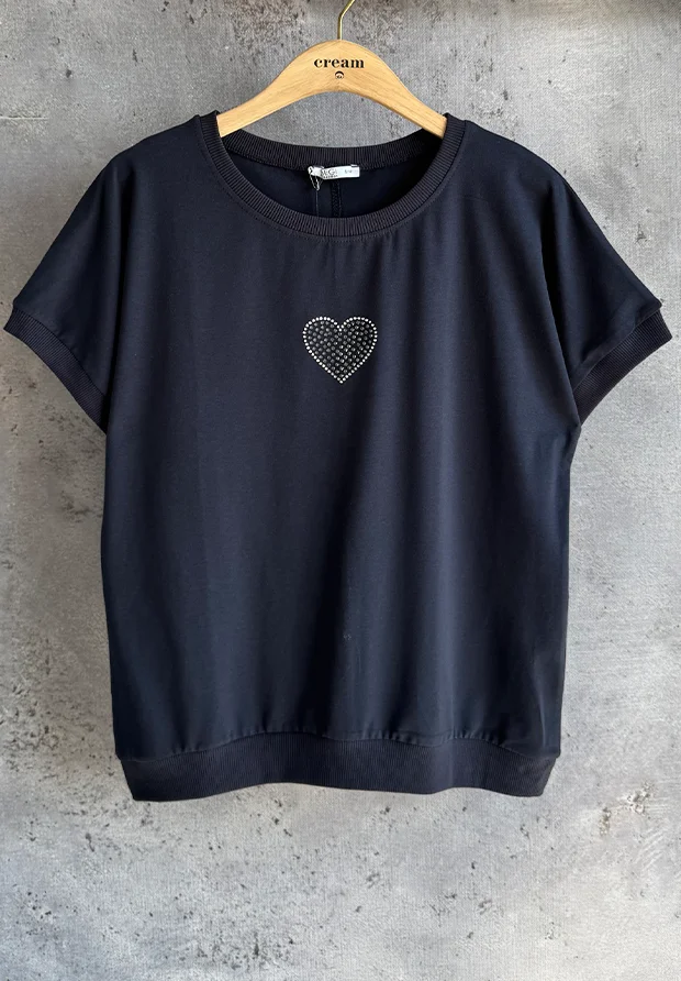 MEGI GRANATOWA BLUZKA T-SHIRT Z CYRKONIOWYM SERDUSZKIEM / B3244