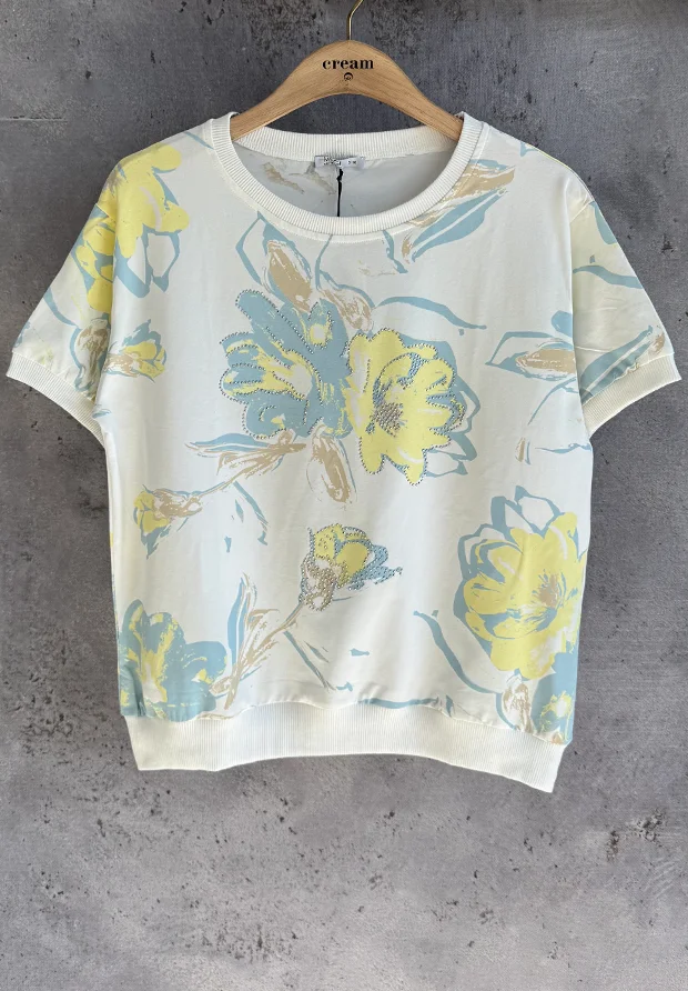 MEGI BIAŁA BLUZKA T-SHIRT Z KWIATOWYM NADRUKIEM / JASNO NIEBIESKI & CYTRYNOWY / B3164