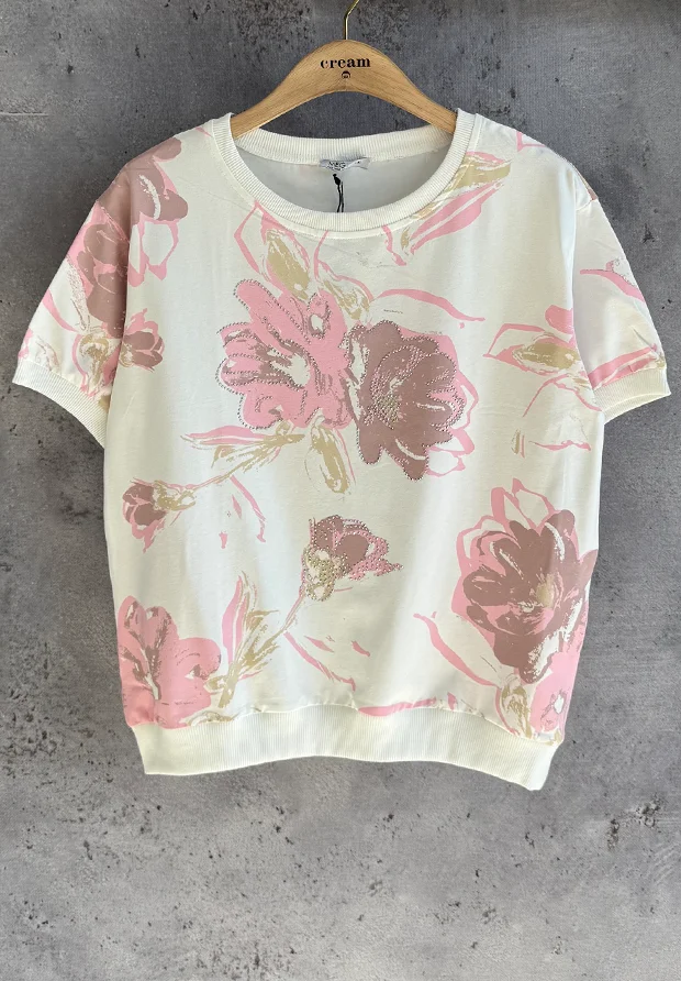 MEGI BIAŁA BLUZKA T-SHIRT Z KWIATOWYM NADRUKIEM / CUKIERKOWY RÓŻ & PUDROWO RÓŻOWY WRZOS / B3164