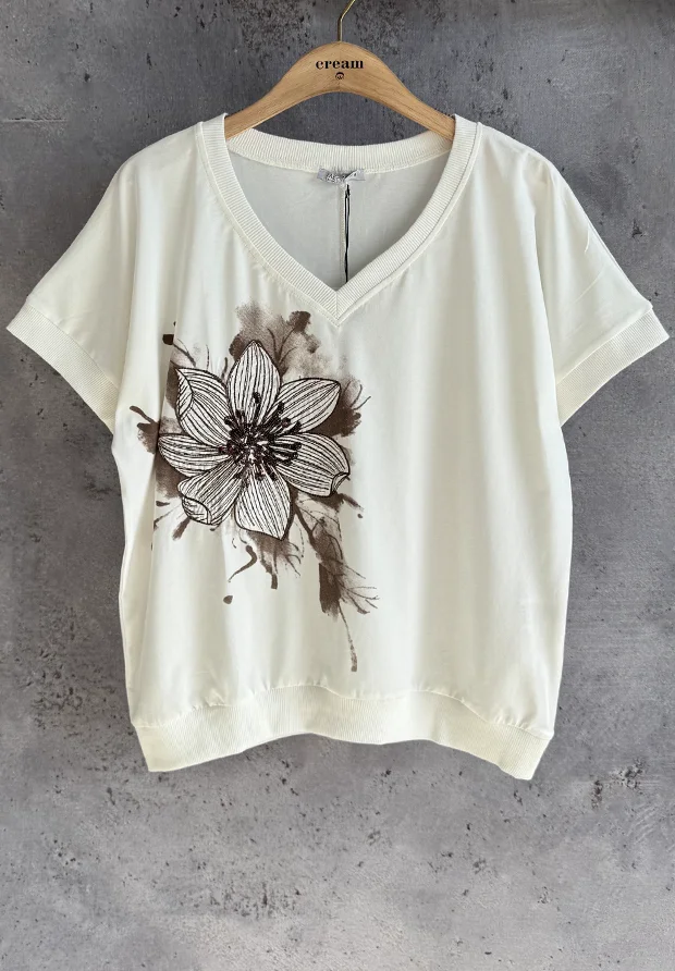 MEGI BIAŁA BLUZKA T-SHIRT Z HAFTOWANYM BRĄZOWYM KWIATEM I CEKINAMI / B3307 