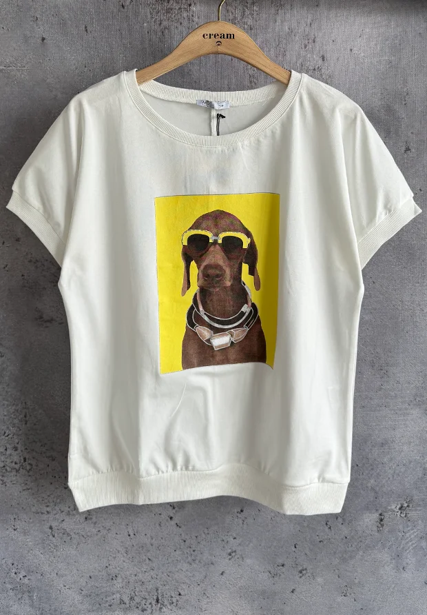 MEGI BIAŁA BLUZKA T-SHIRT / PIESEK W OKULARACH NA ŻÓŁTYM TLE / B1777