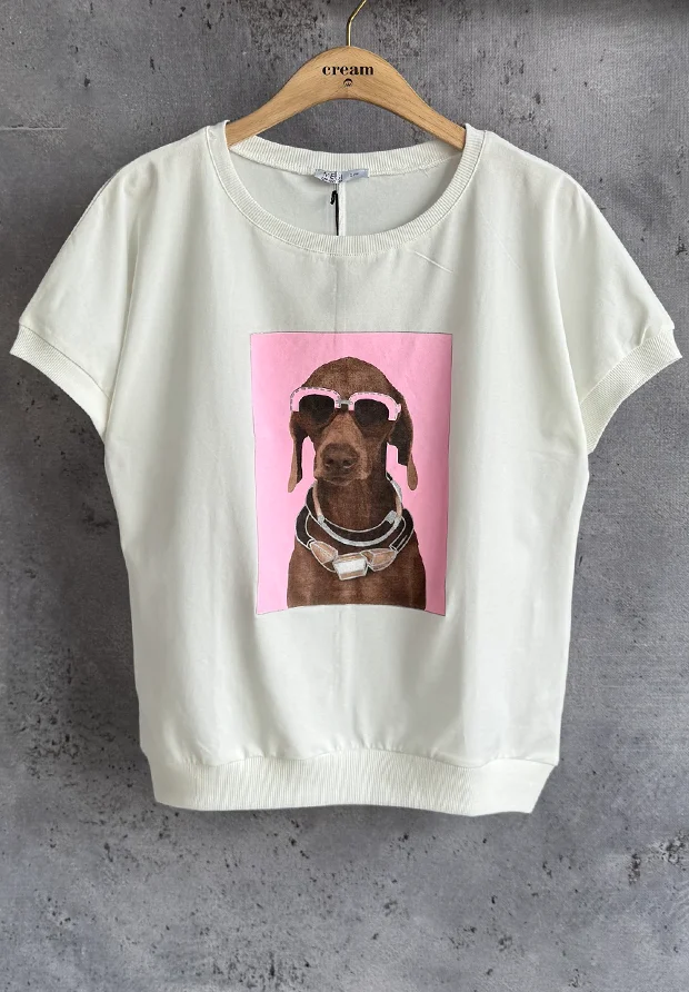 MEGI BIAŁA BLUZKA T-SHIRT / PIESEK W OKULARACH NA CUKIERKOWO RÓŻOWYM TLE / B1777