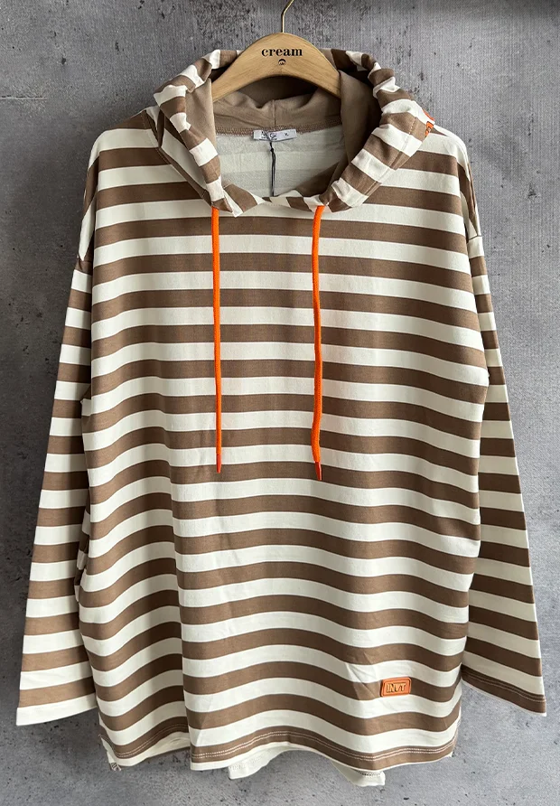 MEGI BIAŁA DŁUGA BLUZA TUNIKA Z KAPTUREM W PASKI CAPPUCCINO / PLUS SIZE / B1228