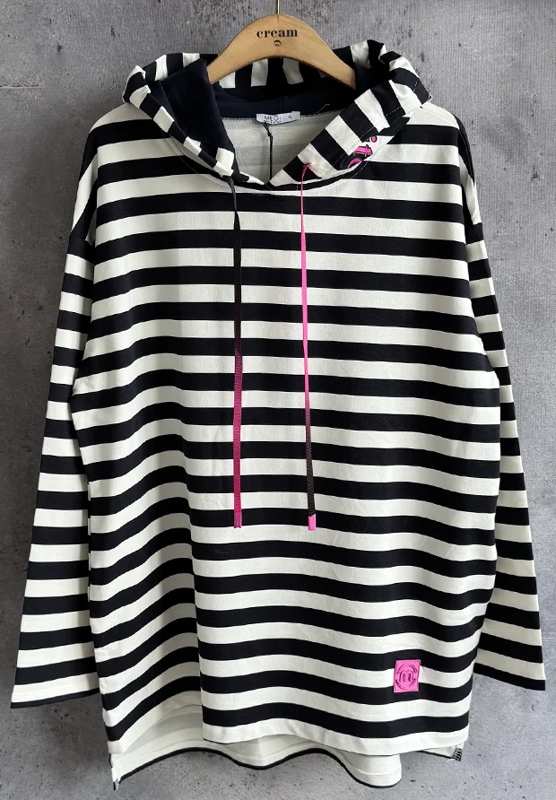 MEGI BIAŁA DŁUGA BLUZA TUNIKA Z KAPTUREM W GRANATOWE PASKI / PLUS SIZE / B1228