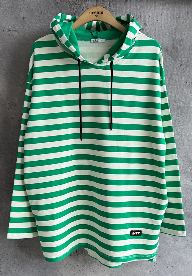 MEGI BIAŁA DŁUGA BLUZA TUNIKA Z KAPTUREM W ZIELONE PASKI / PLUS SIZE / B1228
