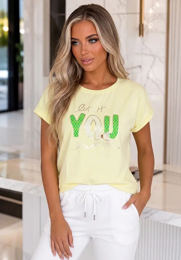 MEGI CYTRYNOWA BLUZKA T-SHIRT Z KORONKOWĄ KOKARDKĄ I NADRUKIEM / ZIELONY & LIMONKA / B1628