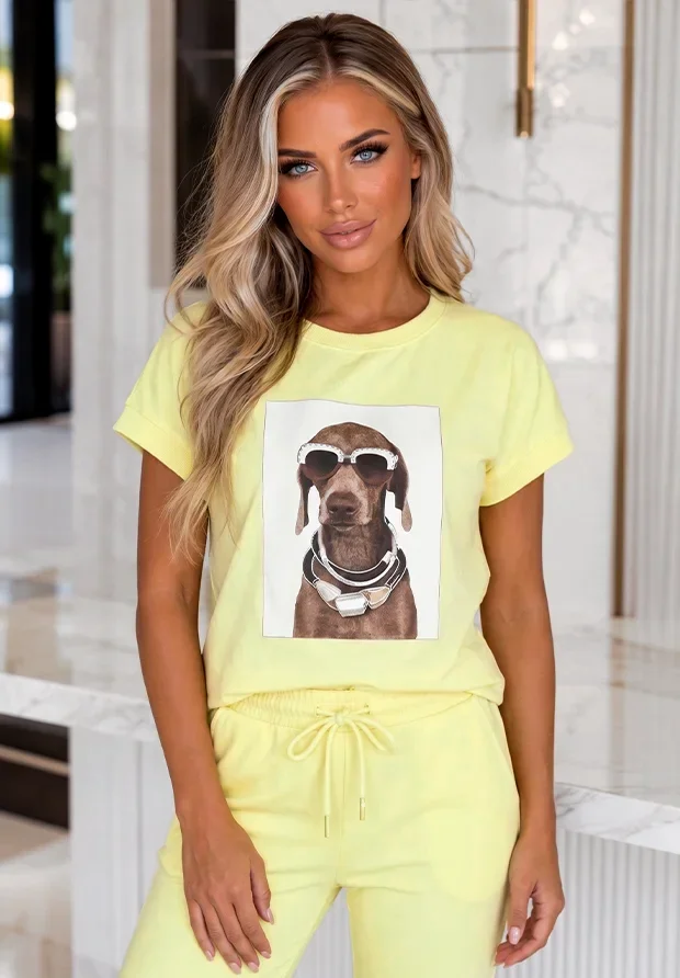 MEGI CYTRYNOWA BLUZKA T-SHIRT / PIESEK W OKULARACH NA BIAŁYM TLE / B1777