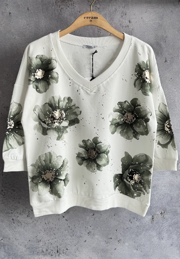 MEGI BIAŁA BLUZA W OLIWKOWE KWIATY / ZŁOTE ZDOBIENIA / B3089 