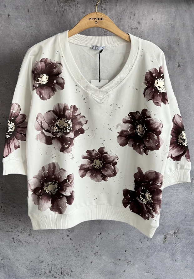 MEGI BIAŁA BLUZA W ŚLIWKOWE KWIATY / ZŁOTE ZDOBIENIA / B3089