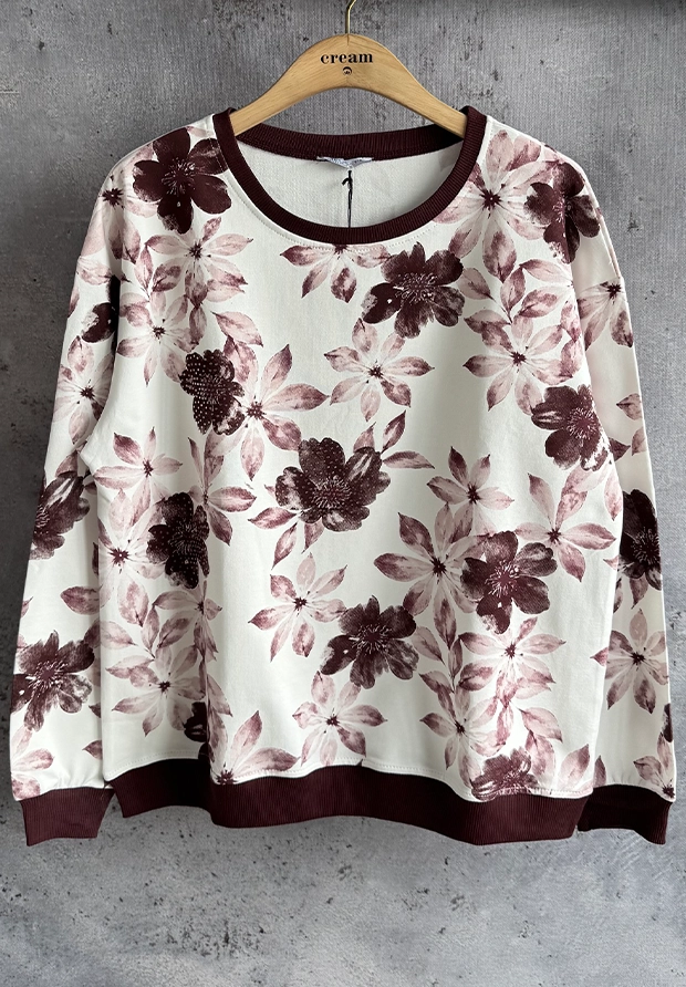 MEGI BIAŁA BLUZA W ŚLIWKOWE & PURDOWO RÓŻOWE KWIATY KWIATY / ZDOBIONA CYRKONIAMI / B3398 