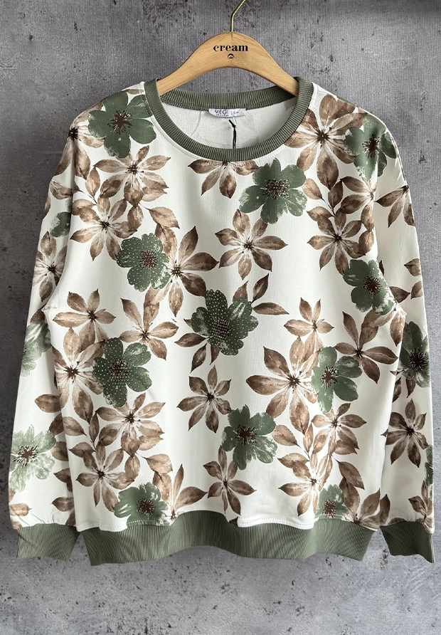 MEGI BIAŁA BLUZA W OLIWKOWE & CAPPUCCINO KWIATY KWIATY / ZDOBIONA CYRKONIAMI / B3398