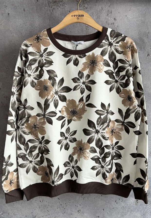 MEGI BIAŁA BLUZA W CIEMNY BRĄZ & CAPPUCCINO KWIATY KWIATY / ZDOBIONA CYRKONIAMI / B3398
