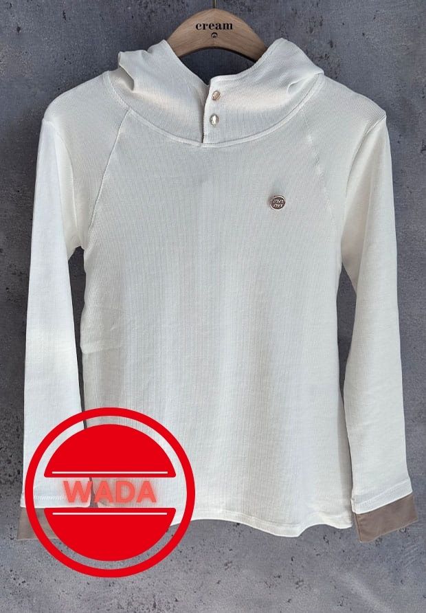MEGI BIAŁA PRĄŻKOWANA BLUZA Z KAPTUREM I BROSZKĄ  / B1275