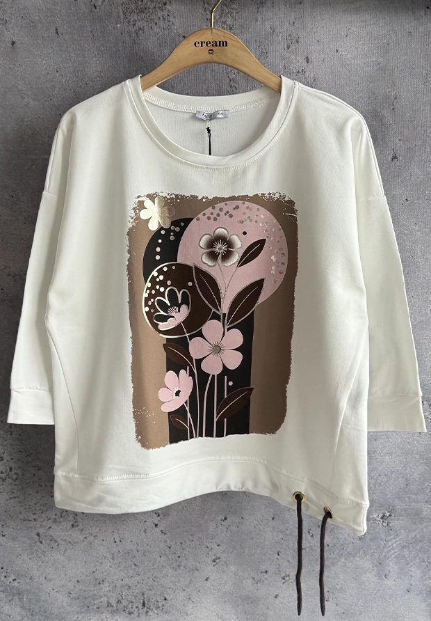 MEGI BIAŁA BLUZA Z KWIATOWĄ APLIKACJĄ / CAPPUCCINO & PUDROWY RÓŻ & CZARNY / B3478