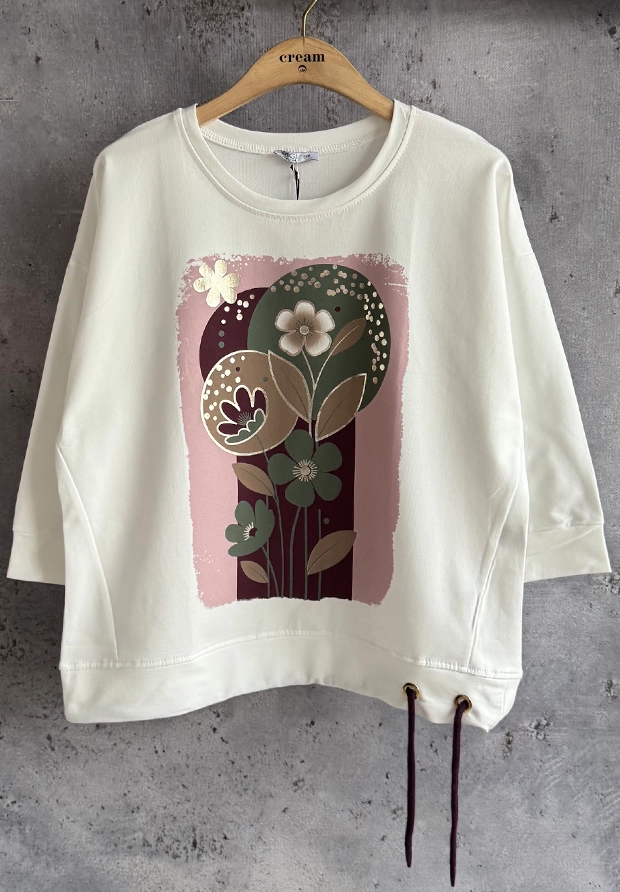 MEGI BIAŁA BLUZA Z KWIATOWĄ APLIKACJĄ / PUDROWY RÓŻ & ŚLIWKOWY & OLIWKA / B3478  