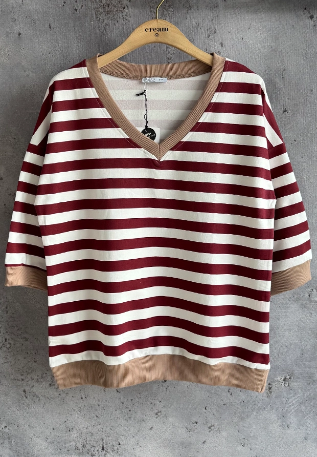 MEGI BIAŁA BLUZA W BORDOWE PASECZKI / CAPPUCCINO ŚCIĄGACZE / B2800