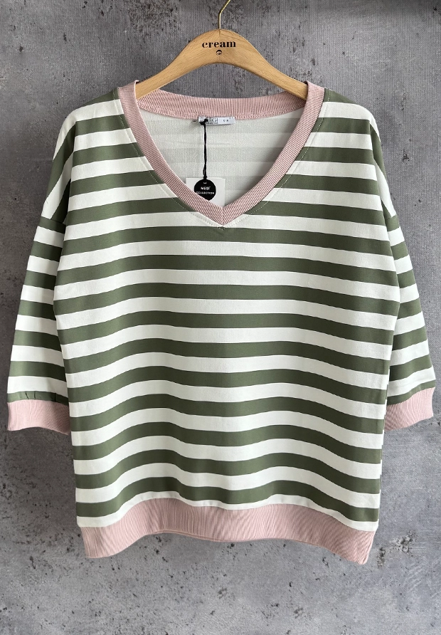 MEGI BIAŁA BLUZA W OLIWKOWE PASECZKI / PUDROWO RÓŻOWE ŚCIĄGACZE / B2800 