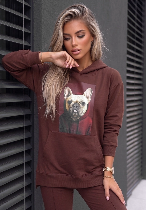 MEGI BORDOWA BLUZA Z KAPTUREM / NADRUK Z BULDOŻKIEM FRANCUSKIM / UNI / T2350 