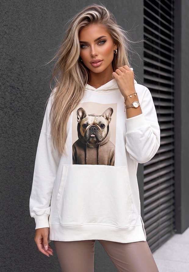 MEGI BIAŁA BLUZA Z KAPTUREM / NADRUK Z BULDOŻKIEM FRANCUSKIM / UNI / T2350