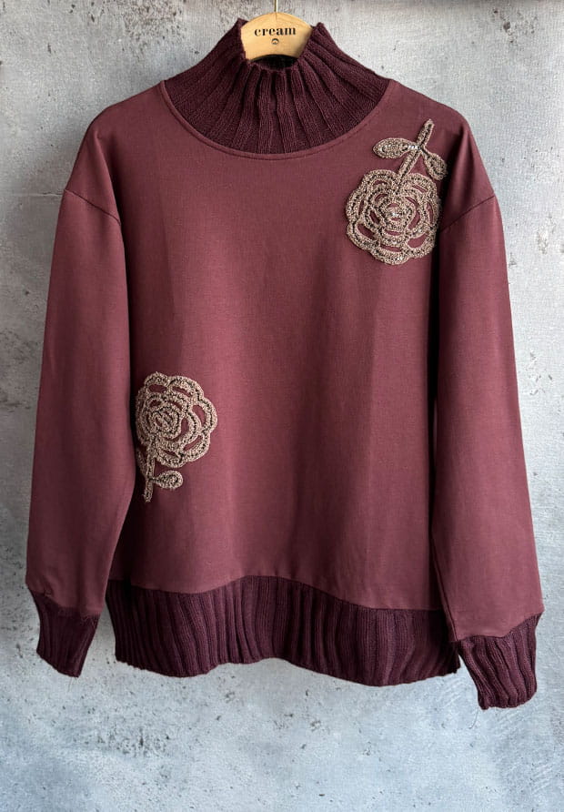 MEGI BORDOWA BLUZA / SWETERKOWE CAPPUCCINO KWIATY / B2443 