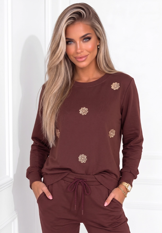 MEGI BORDOWA BLUZA Z HAFTOWANYMI KWIATKAMI / B2346 