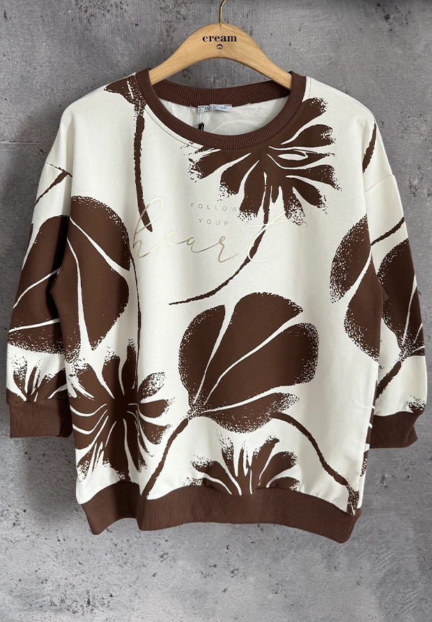 MEGI BIAŁA BLUZA W CZEKOLADOWO BRĄZOWE LIŚCIE / ZŁOTY NAPIS / B3354