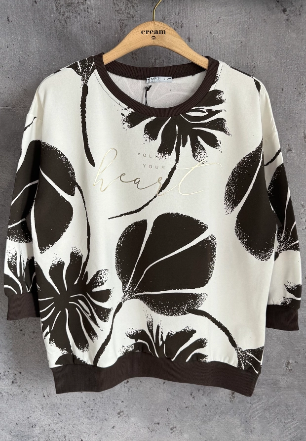 MEGI BIAŁA BLUZA W CZARNE LIŚCIE CIEMNO BRĄZOWE ŚCIAGACZE / ZŁOTY NAPIS / B3354