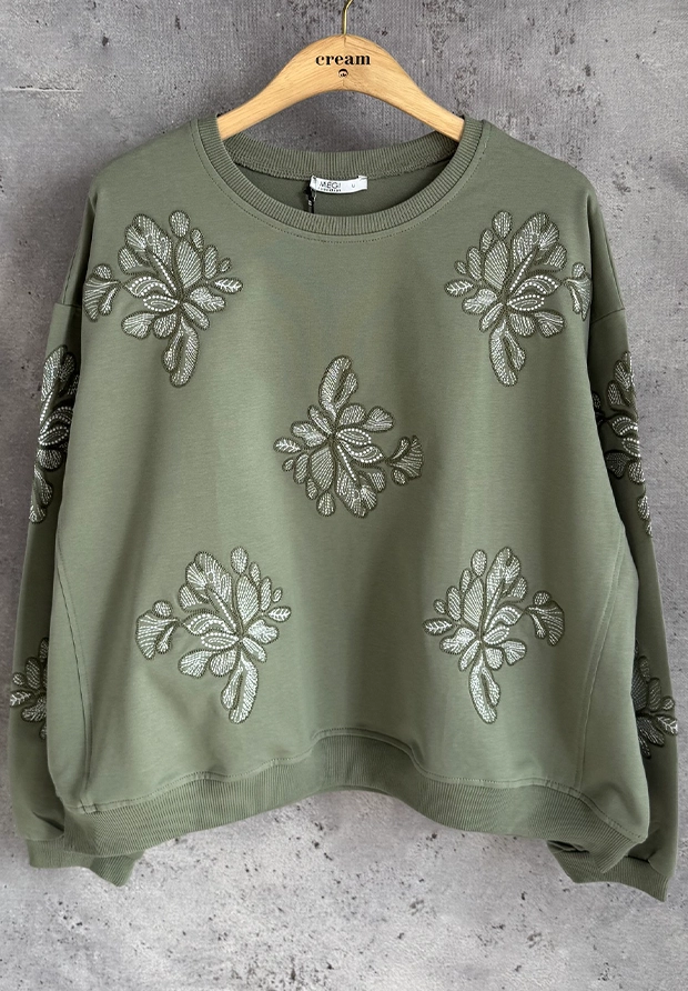 MEGI OLIWKOWA LUŹNA BLUZA W HAFTOWANE BIAŁE KWIATY / BARDZO WYGODNA / B3468