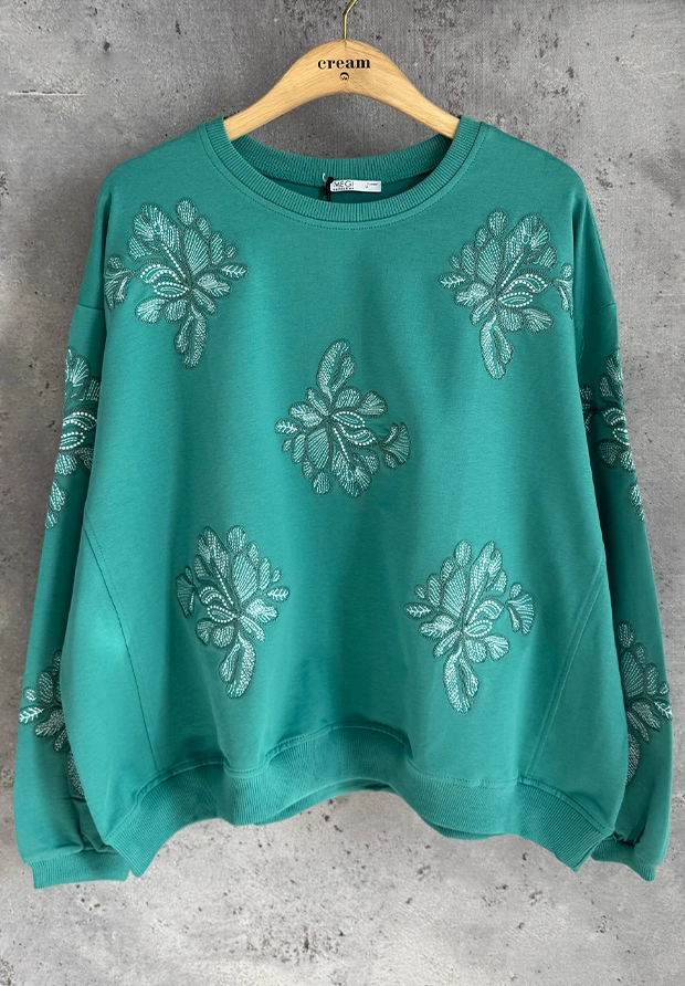 MEGI MORSKO ZIELONA LUŹNA BLUZA W HAFTOWANE BIAŁE KWIATY / BARDZO WYGODNA / B3468