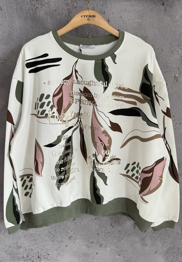 MEGI BIAŁA LUŹNA BLUZA Z BOTANICZNYM WZOREM / OLIWKA & PUDROWY RÓŻ & CZARNY & CZEKOLADOWY BRĄZ / B3410