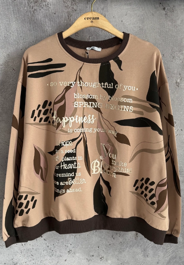 MEGI CAPPUCCINO LUŹNA BLUZA Z BOTANICZNYM WZOREM / CIEMNY BRĄZ & CZEKOLADOWY BRĄZ & PUDROWY RÓŻ & CZARNY / B3410 