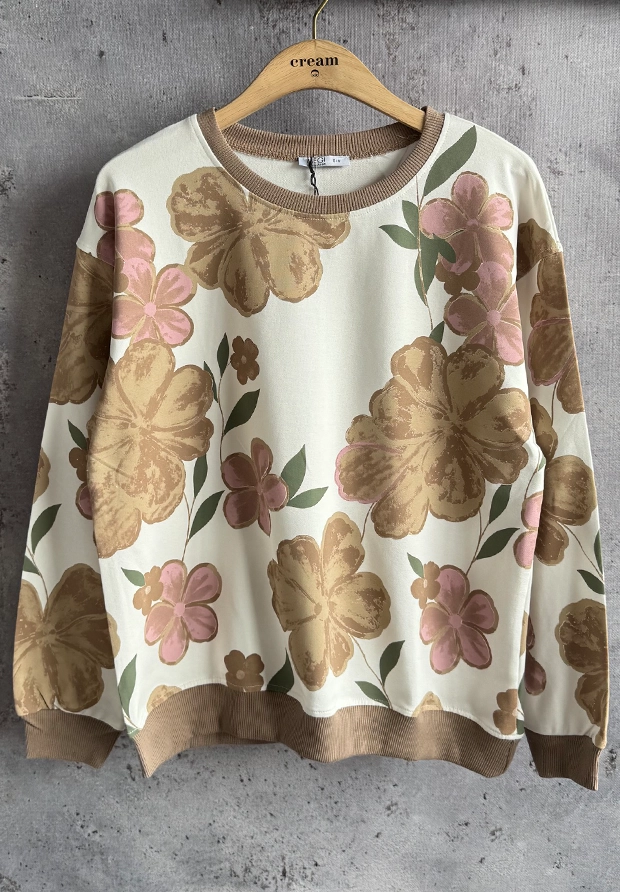 MEGI BIAŁA BLUZA Z KWIATOWYM NADRUKIEM / CAPPUCCINO & OLIWKA & PUDROWY RÓŻ / B3378 