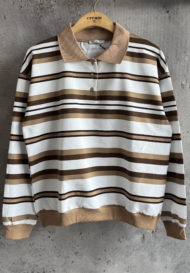 MEGI BIAŁA BLUZA Z KOŁNIERZYKIEM - POLO W PASECZKI / CAPPUCCINO & CIEMNY BRĄZ & CZEKOLADOWY BRĄZ  / B3359