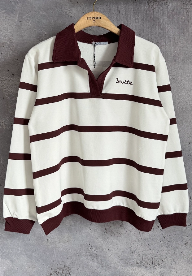MEGI BIAŁA BLUZA Z KOŁNIERZYKIEM - POLO W BORDOWE PASECZKI / B3429
