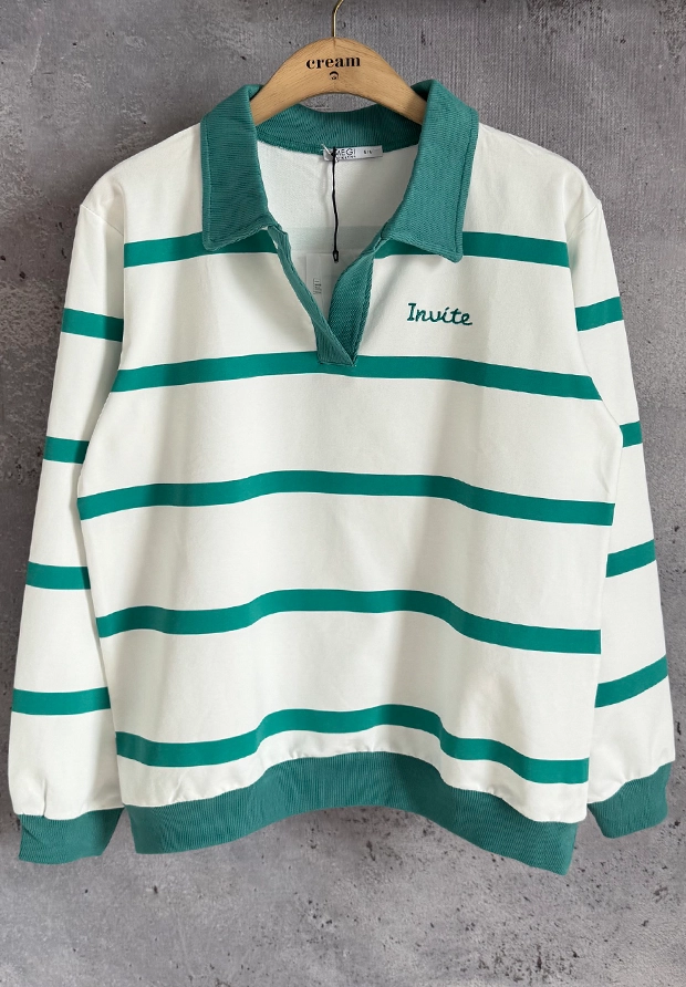 MEGI BIAŁA BLUZA Z KOŁNIERZYKIEM - POLO W MORSKO ZIELONE PASECZKI / B3429