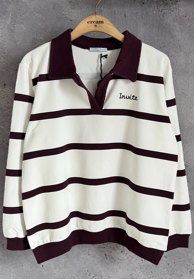 MEGI BIAŁA BLUZA Z KOŁNIERZYKIEM - POLO W ŚLIWKOWE PASECZKI / B3429