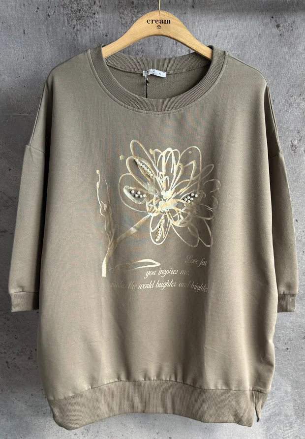 MEGI SZARA BLUZA / NADRUK ZE ZŁOTYM KWIATEM I PEREŁKAMI / PLUS SIZE / B2093