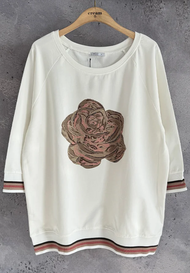 MEGI BIAŁA BLUZA Z KWIATOWĄ APLIKACJĄ ZDOBIONA CYRKONIAMI / PLUS SIZE / B2268